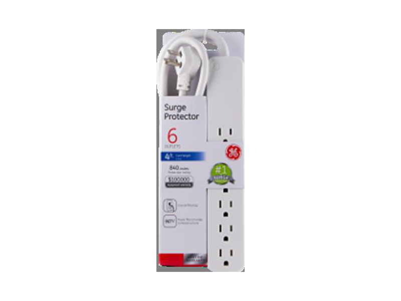 GE 6-Outlet Surge Protector, 4ft Cord, 840 Joules Low Profile - Click Image to Close