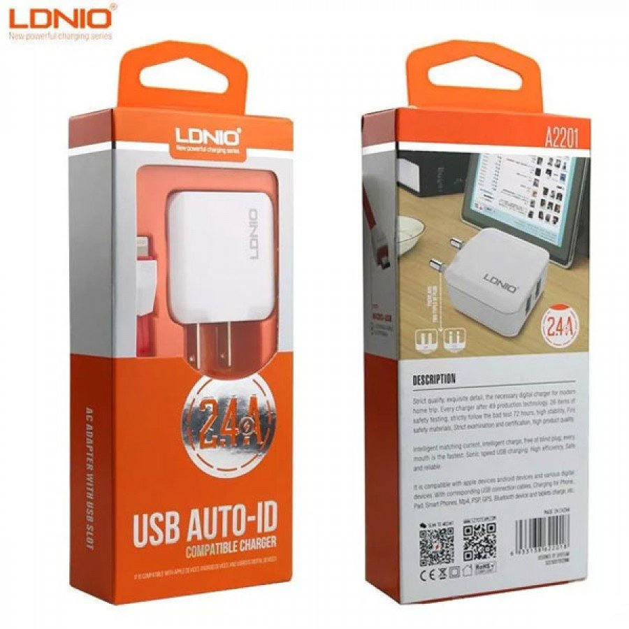 LDNIO 2.4A Dual Port USB Fast Wall Charger with Lightning Cable - Click Image to Close